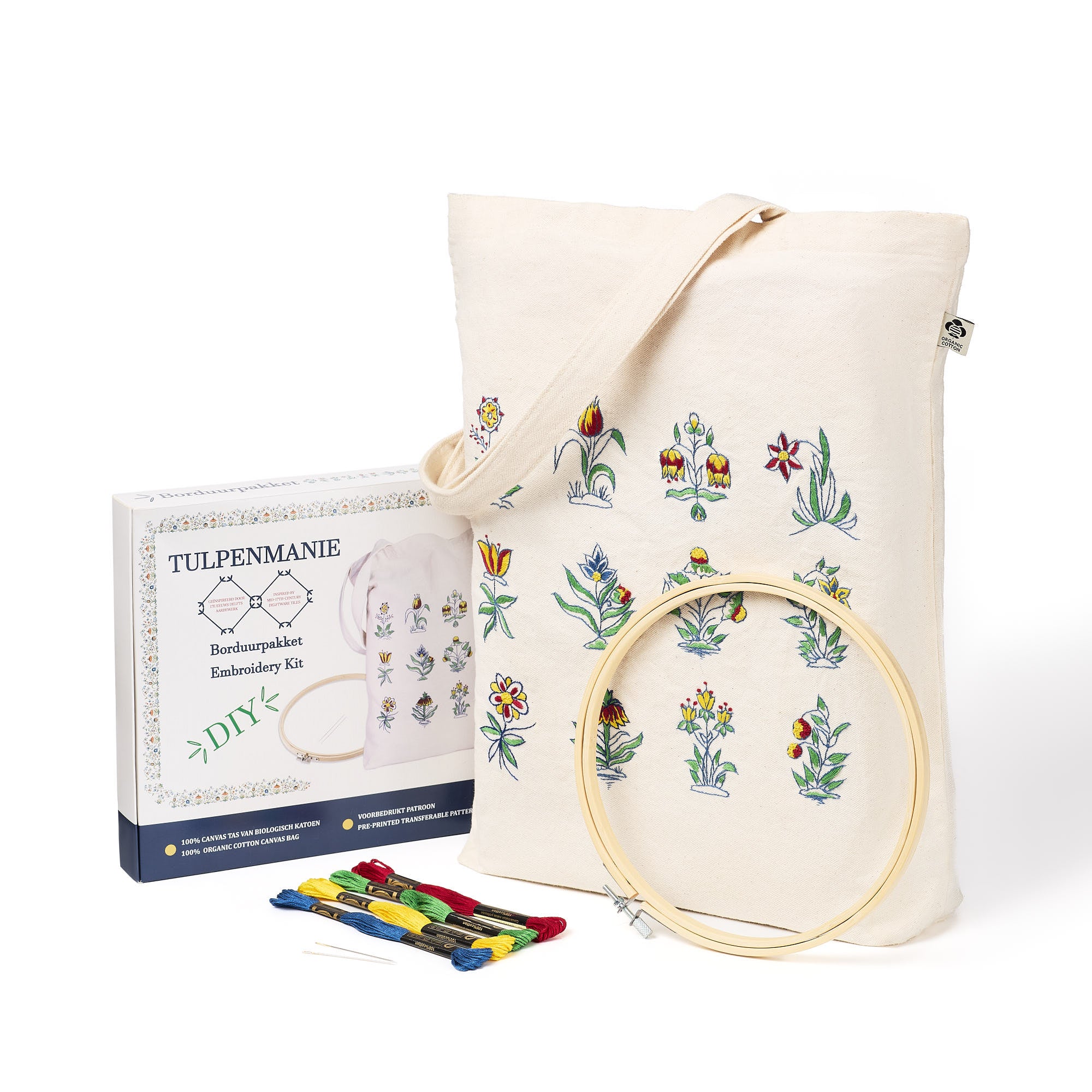 Tulpenmanie borduurpakket — compleet overzicht met tas, ring en garen