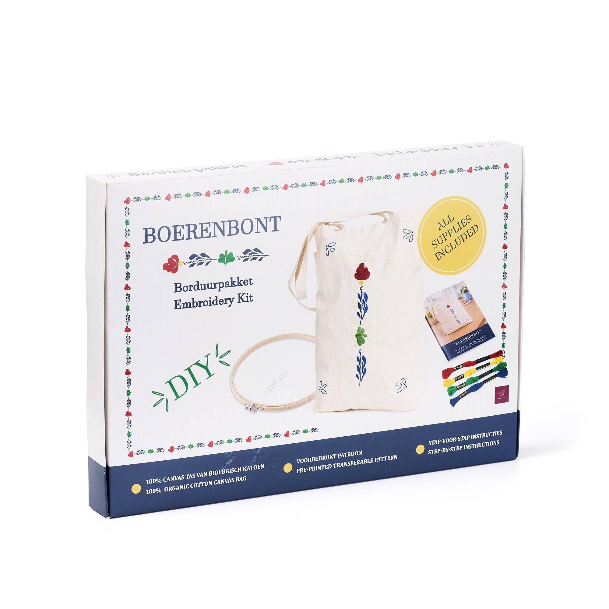 Achterkant van de Boerenbont doos met productgeschiedenis en inhoud