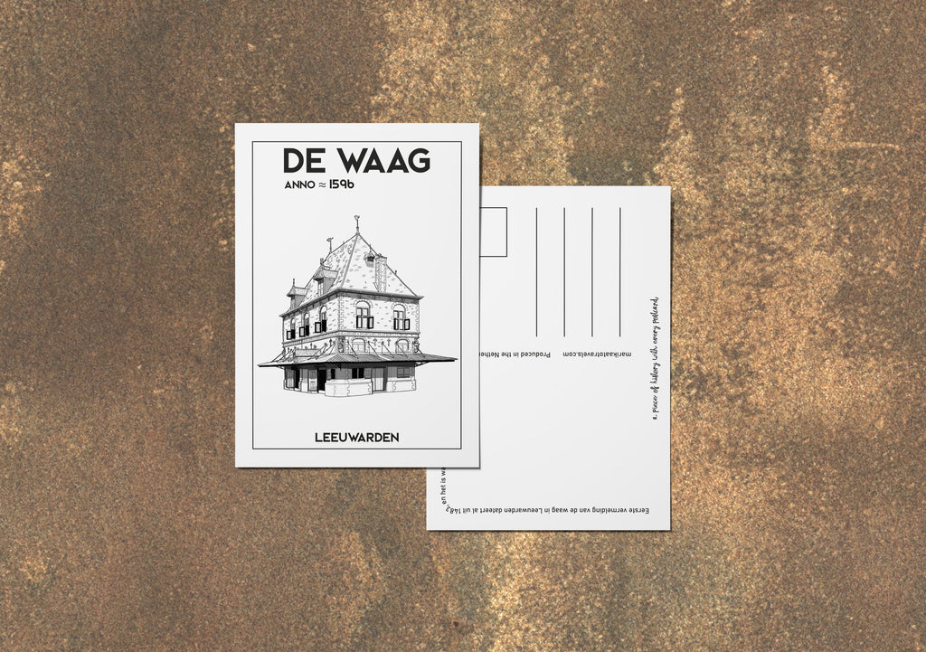 Voor- en achterkant van de De Waag ansichtkaart — Nederlandse versie