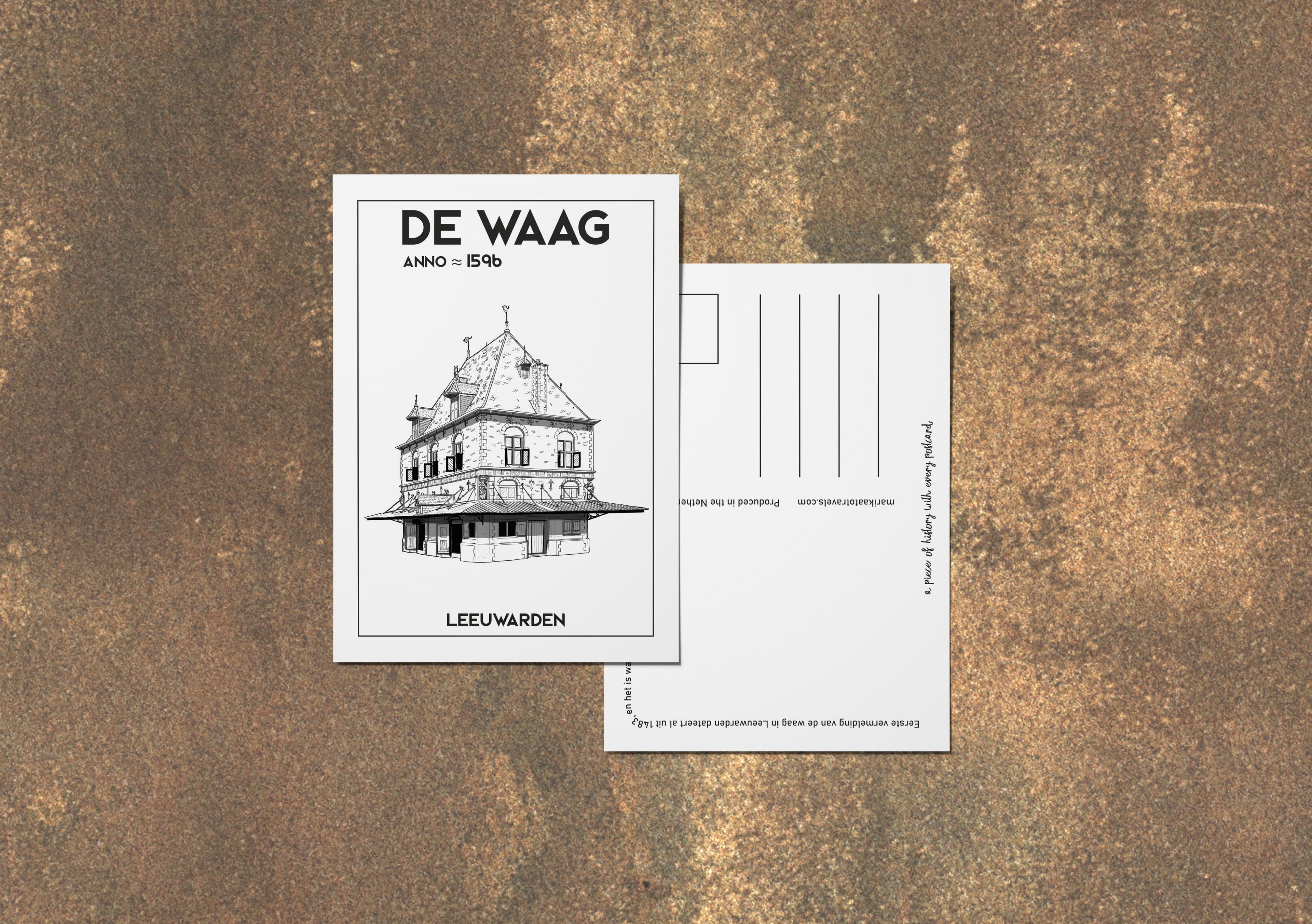 Voor- en achterkant van de De Waag ansichtkaart — Nederlandse versie
