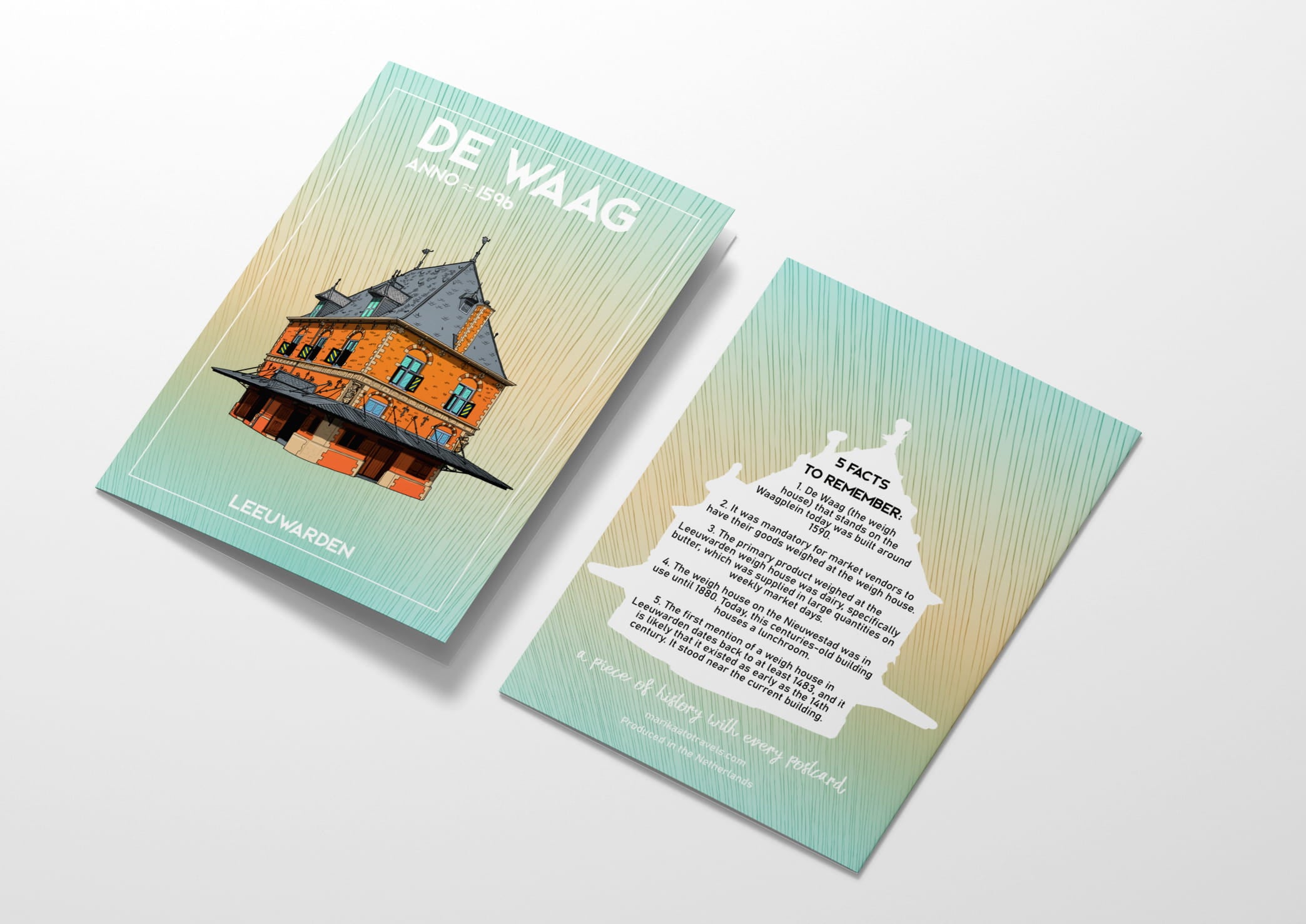 Gevouwen kaart De Waag Leeuwarden — voorkant met gekleurde illustratie en achterkant met 5 feiten
