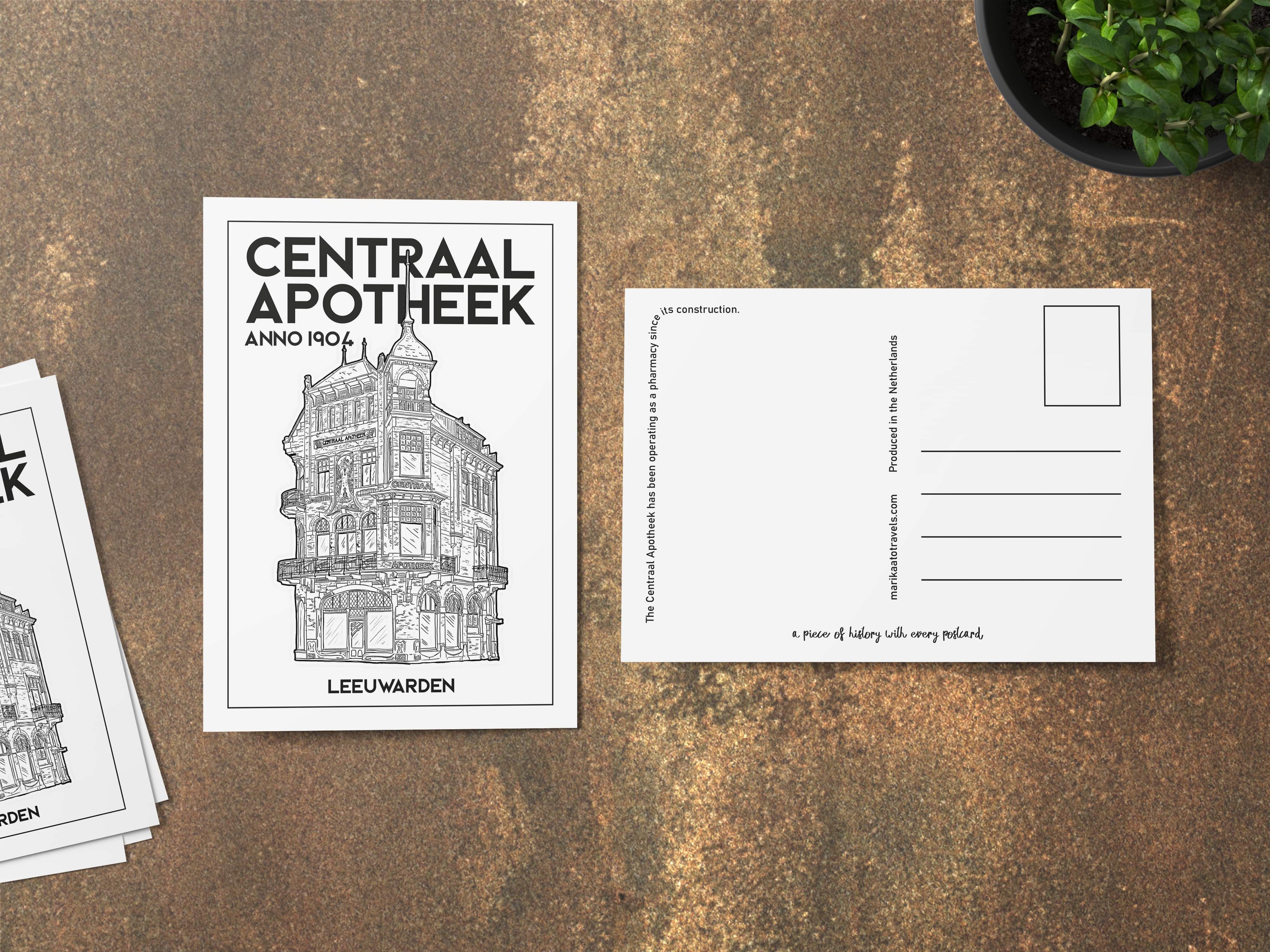 Voor- en achterkant van de Centraal Apotheek ansichtkaart — Nederlandse versie