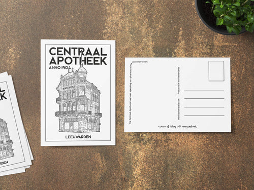 Voor- en achterkant van de Centraal Apotheek ansichtkaart — Nederlandse versie