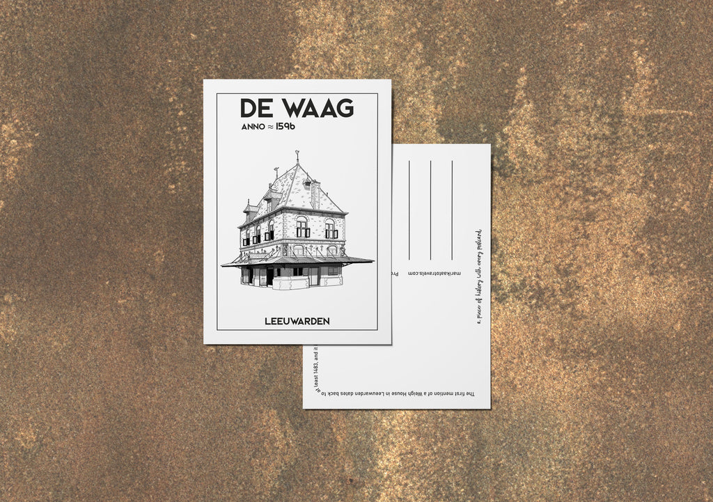 Voor- en achterkant van de De Waag ansichtkaart — Engelse versie
