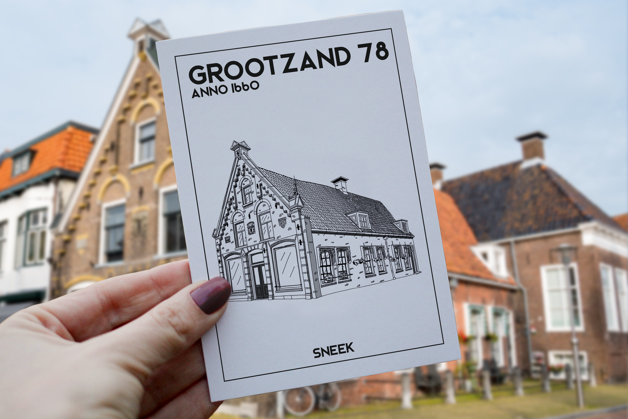 Grootzand 78 Sneek postcard held in front of the building