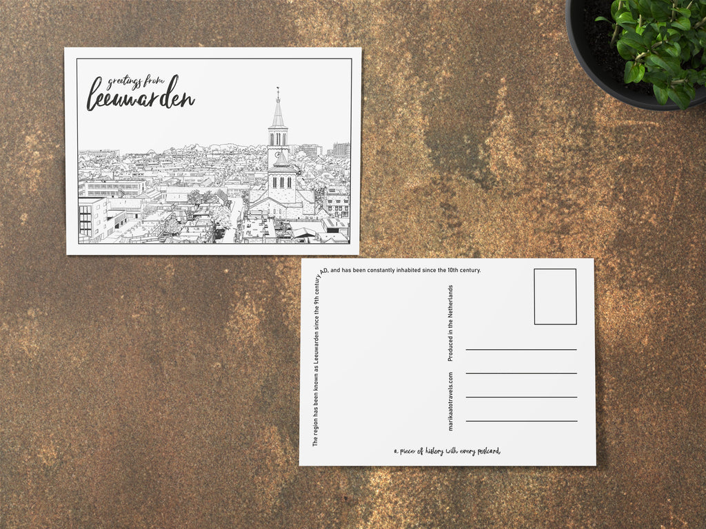 Greetings from Leeuwarden zwart-wit ansichtkaart — Engelse versie voor- en achterkant