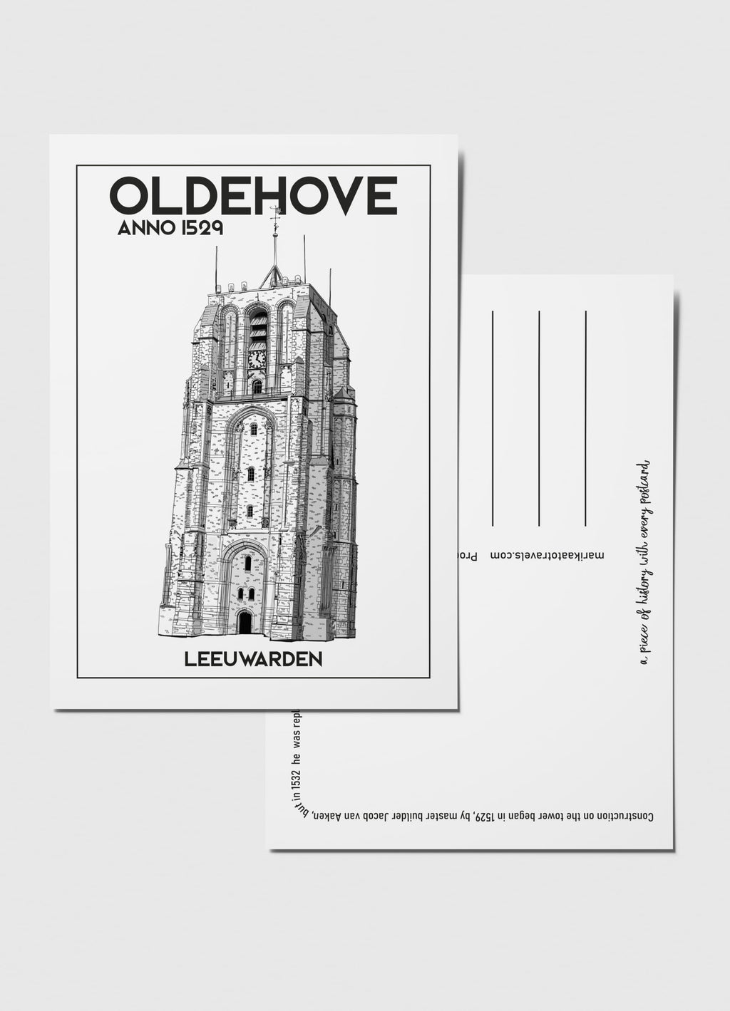 Voor- en achterkant van de Oldehove ansichtkaart — Engelse versie op witte achtergrond