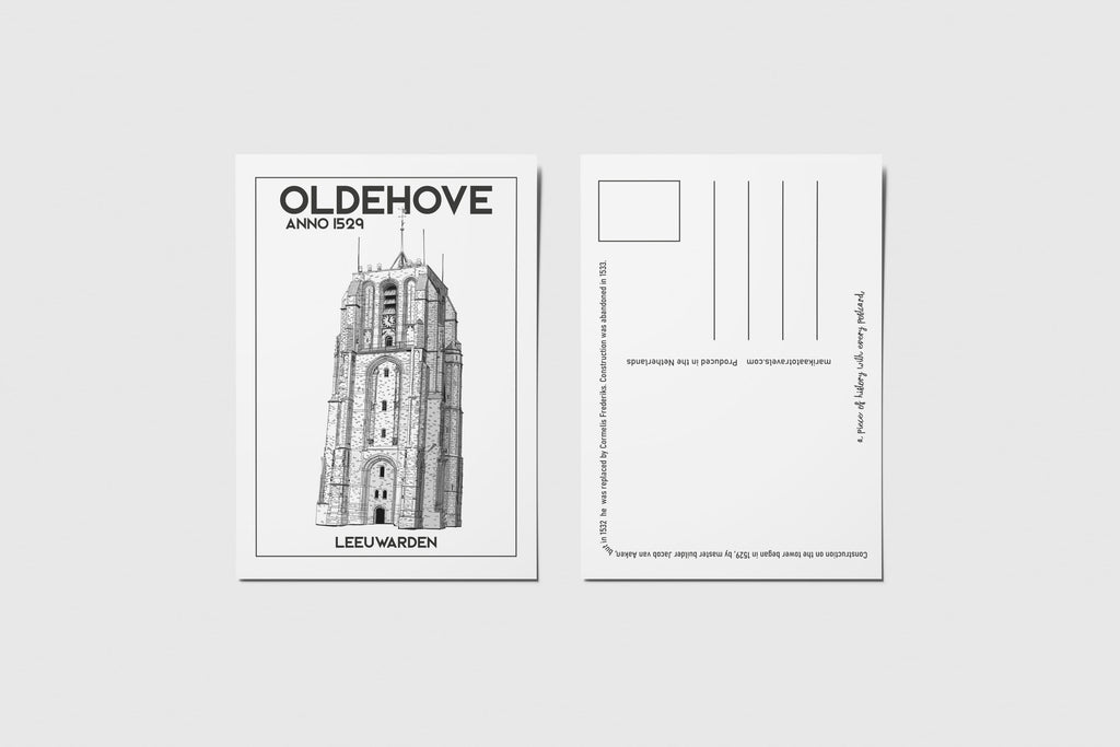 Voor- en achterkant van de Oldehove ansichtkaart — Engelse versie