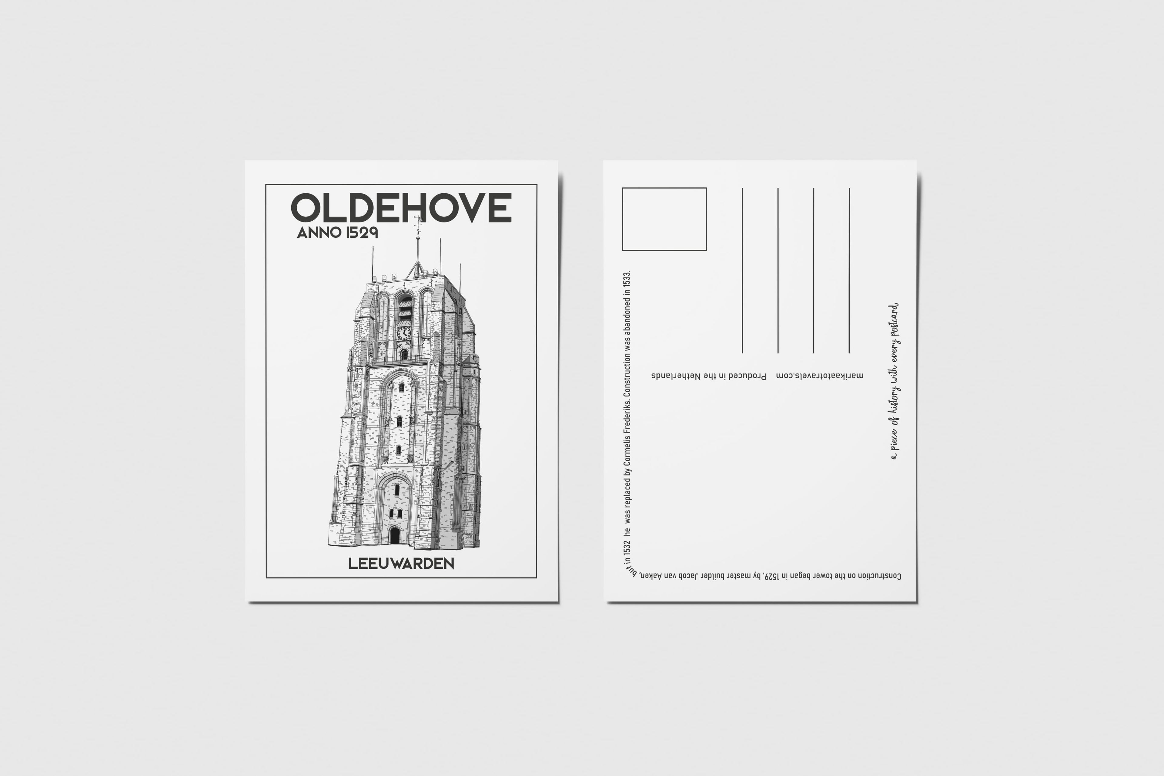 Voor- en achterkant van de Oldehove ansichtkaart — Engelse versie