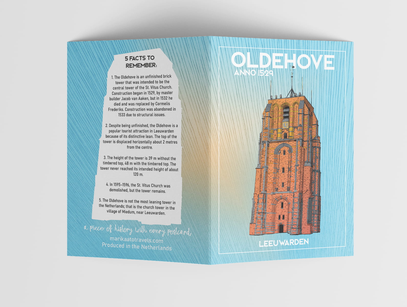 Gevouwen kaart Oldehove Leeuwarden — NL versie open met 5 feiten en gekleurde illustratie