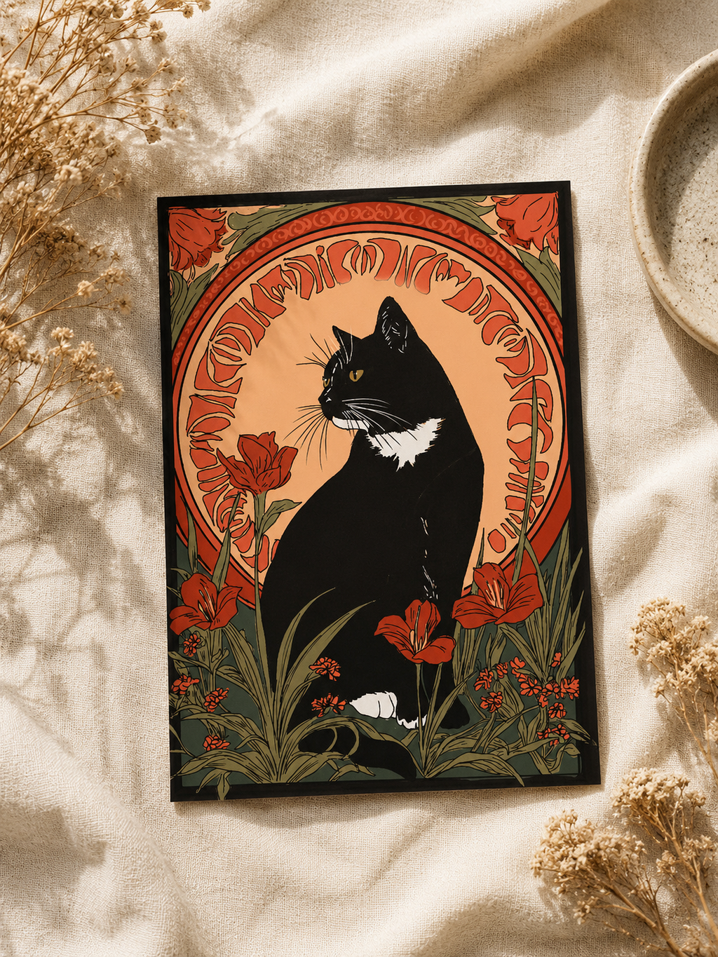 Tuxedo Cat Art Nouveau ansichtkaart - voorkant