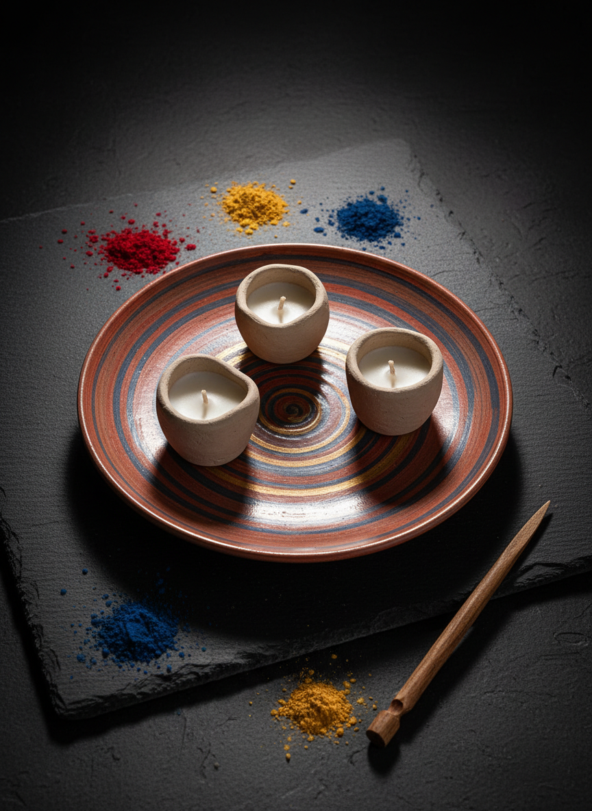 A close-up of an artisan-crafted ceramic plate resting on a dark slate surface, the plate adorned with a symmetrical cultural pattern in earthy reds, deep blues, and warm gold hues. On the plate lie three small, hand-poured candles in matte clay holders, each subtly different in shape, emphasizing hand-made authenticity. Around the plate are scattered pigment powders and a slender, carved wooden tool hinting at the making process. Directional studio lighting from the right creates dramatic but controlled shadows, emphasizing texture in the glaze, clay, and stone. Photographic realism, captured from a slightly elevated angle using rule-of-thirds composition, with the plate off-center. The mood is contemplative, artistic, and sophisticated, highlighting the fusion of culture, craft, and thoughtful product design.