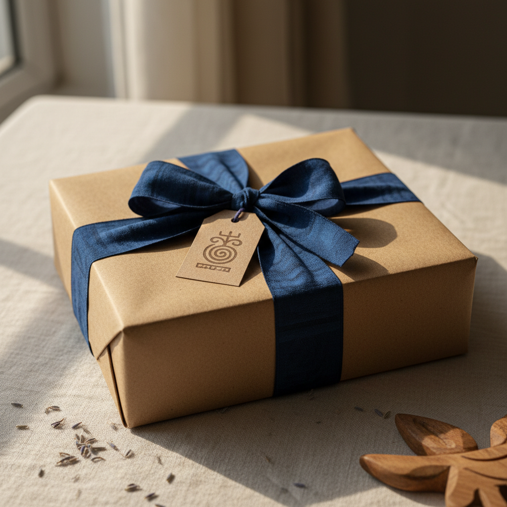 A single, beautifully crafted gift box wrapped in natural kraft paper, tied with a deep indigo hand-dyed fabric ribbon that features subtle cultural patterns. A small, embossed tag with an abstract heritage-inspired logo rests on top. The box sits on a clean, off-white linen surface, with a few scattered dried flower petals and a delicately carved wooden ornament partially in frame. Soft, diffused afternoon light from a nearby window creates a gentle gradient of brightness across the scene, casting refined shadows and highlighting the textures of paper, fabric, and wood. Photographic realism at an eye-level angle with shallow depth of field, the box sharply focused while the surroundings blur slightly. The atmosphere feels refined, intentional, and premium, ideal for showcasing Marikaato’s gift packaging experience.