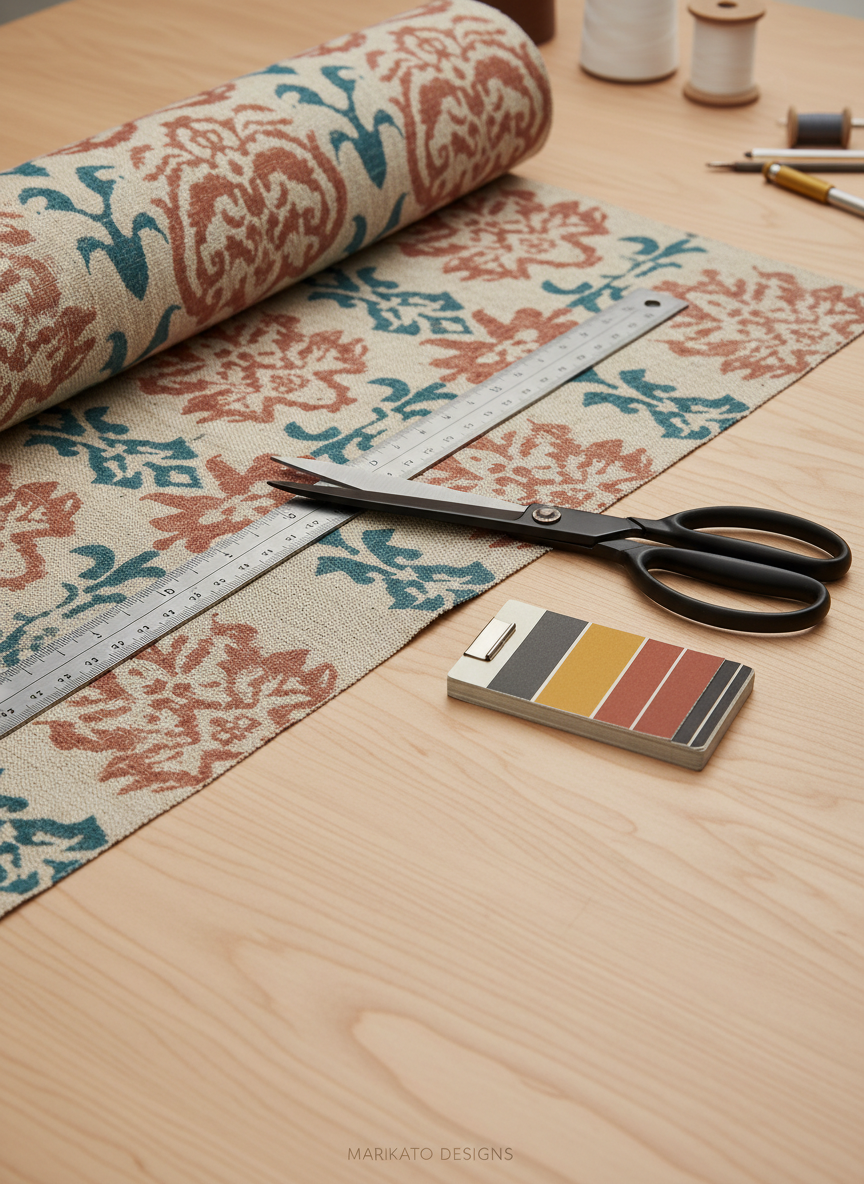 A detailed close-up of a textile workspace featuring a partially unrolled bolt of fabric printed with subtle, repeating heritage-inspired motifs in warm terracotta and deep teal. Beside it lies a precision metal ruler, a pair of matte black tailor’s shears, and a small stack of color swatches clipped together. The items rest on a smooth, pale wooden worktable with fine grain visible. Overhead studio lighting provides soft, uniform illumination that brings out the textures of the woven fabric and the cool sheen of the tools without harsh glare. Photographic realism with a slightly diagonal composition, focusing on the edge of the fabric and scissors while the background gently blurs. The mood is meticulous, creative, and process-oriented, perfect for illustrating the craftsmanship behind Marikaato’s designs.