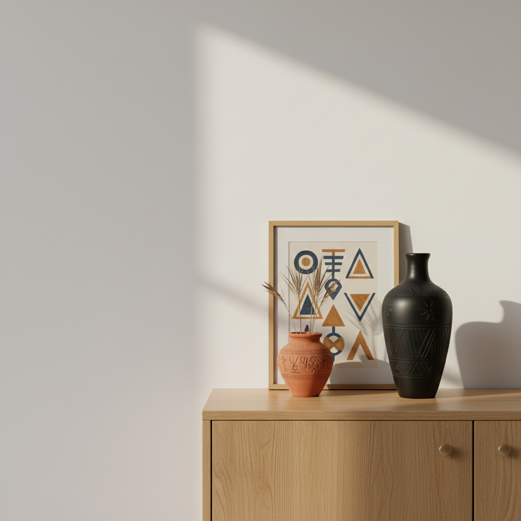 An elegant arrangement of culture-inspired home décor on a minimalist sideboard: a tall, matte black ceramic vase incised with subtle traditional line patterns, a smaller terracotta vessel with etched symbols, and a framed abstract print featuring stylized heritage motifs in muted ochre and indigo. The sideboard is made of smooth, light oak, set against a clean, off-white wall. Late afternoon natural light enters from the right, creating elongated, gentle shadows that accentuate form and surface. Photographic realism, composed with asymmetrical balance and ample negative space on one side, shot at eye level. The atmosphere is serene, refined, and contemporary, highlighting how cultural craft pieces can integrate into modern interiors, ideal for a lifestyle or inspiration section on the website.